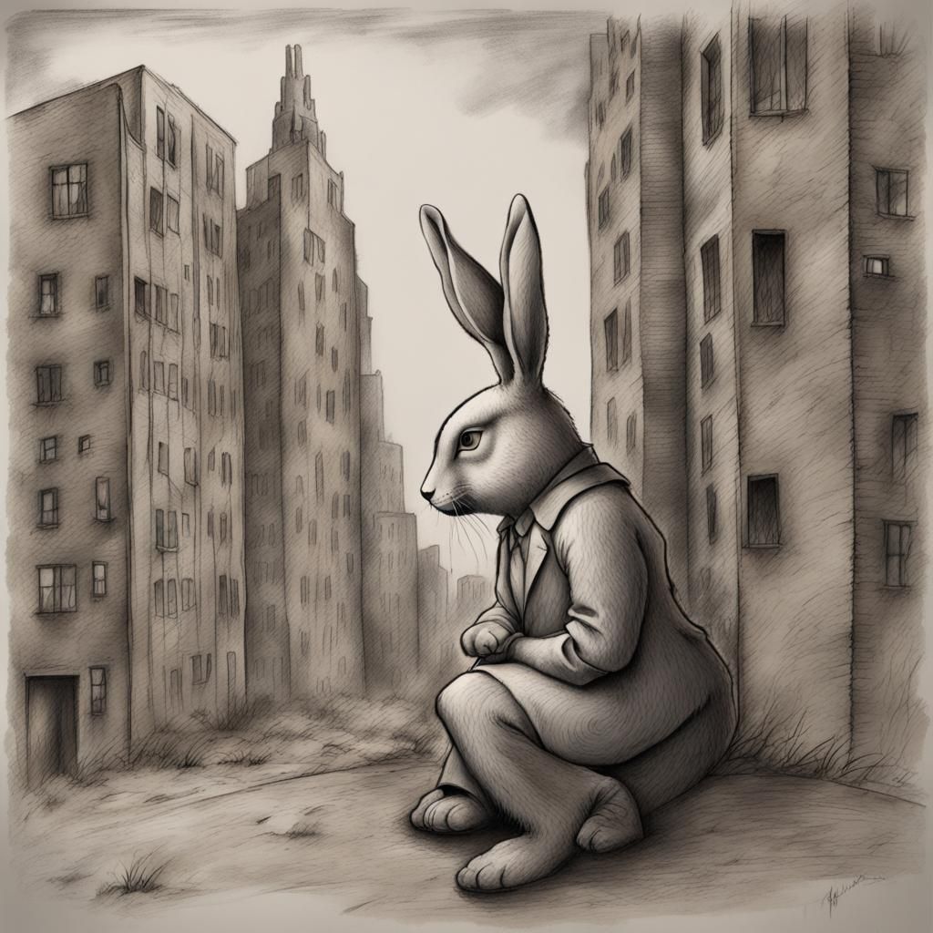 Dystopian Velveteen Rabbit Charcoal Drawing
