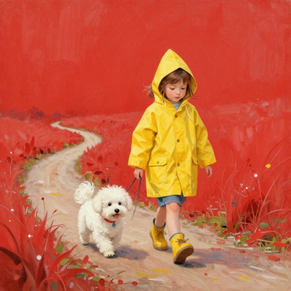 Girl and Dog in Yellow Raincoat Walk Through Vivid Red Lands...