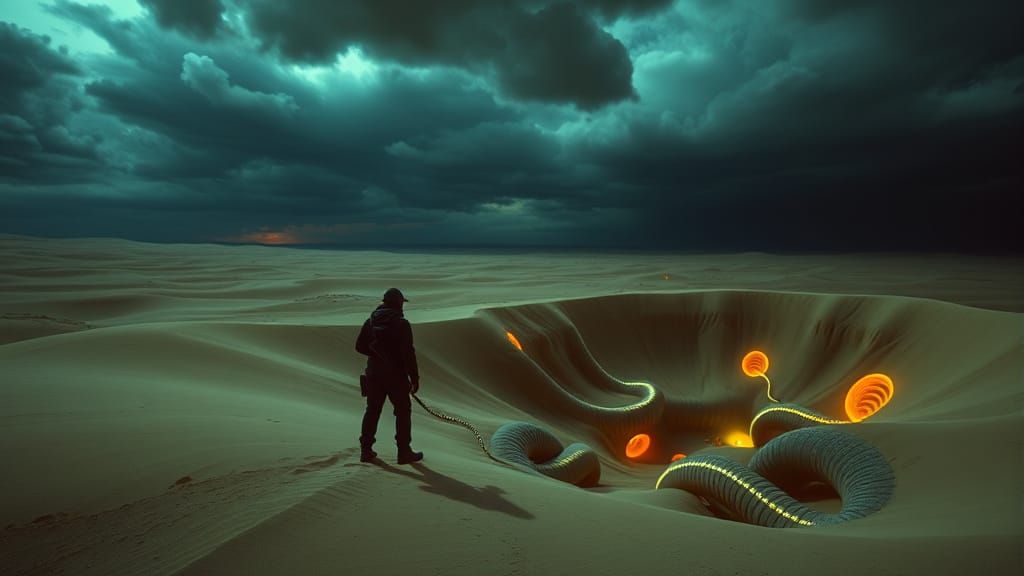 MIB Agents Detect Desert Worm Tunnels Under Stormy Night Sky