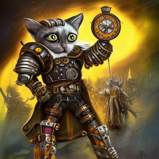 Clockwork Cat in Armor: Hyperdetailed Gouache Art