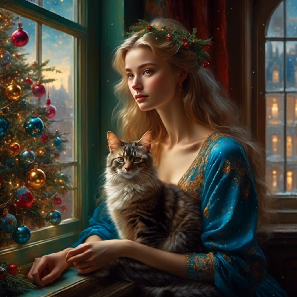 Woman and Cat by Christmas Tree