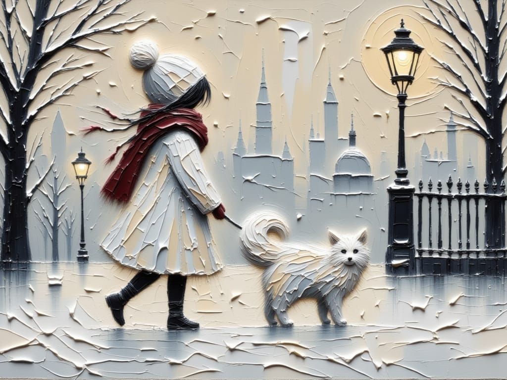 Impressionist Paris Snow Scene with Girl and Dog