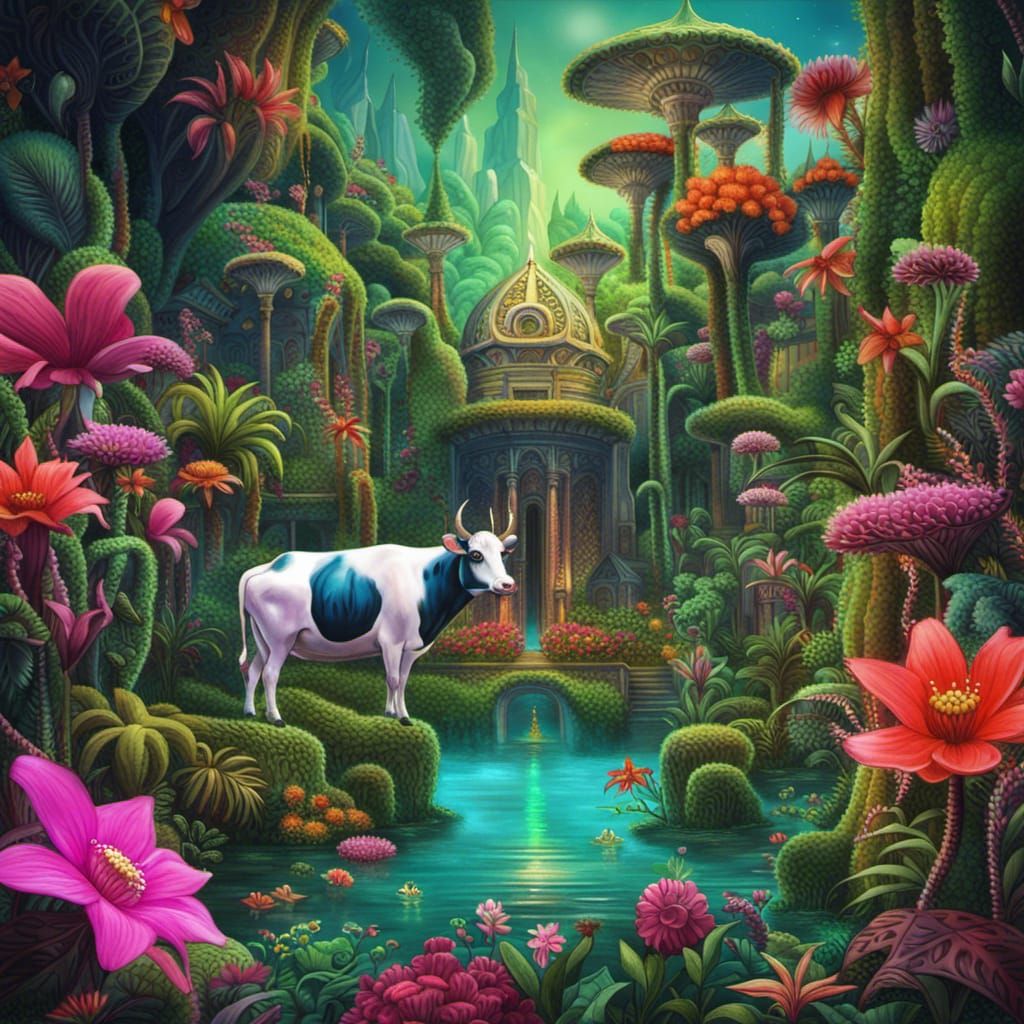 Hallucinatory Dream: Cow in Alien Jungle Water Gardens