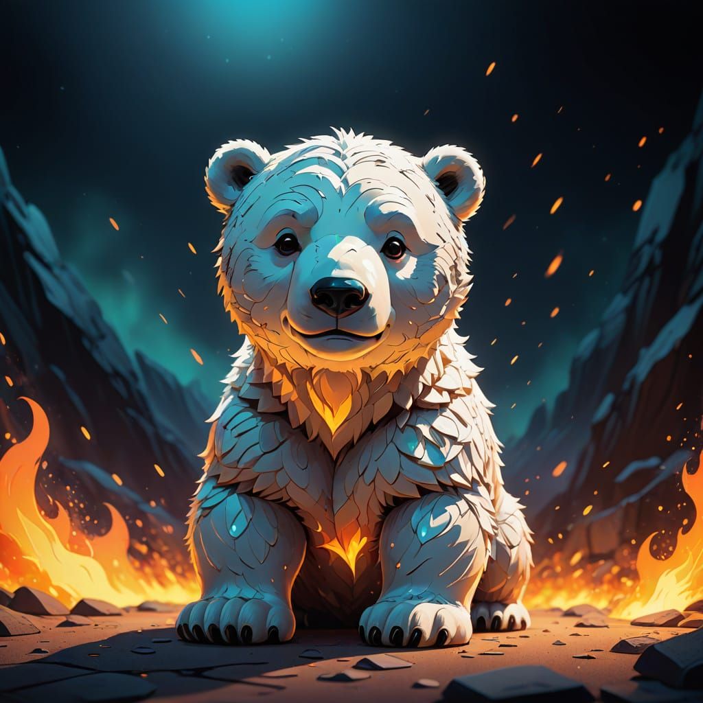 Vibrant Chibi Polar Bear Embodies Shadowfire Spirit