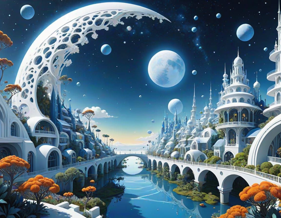 Epic Cartoon Vision of a Floating Cosmic City in Harmony wit...