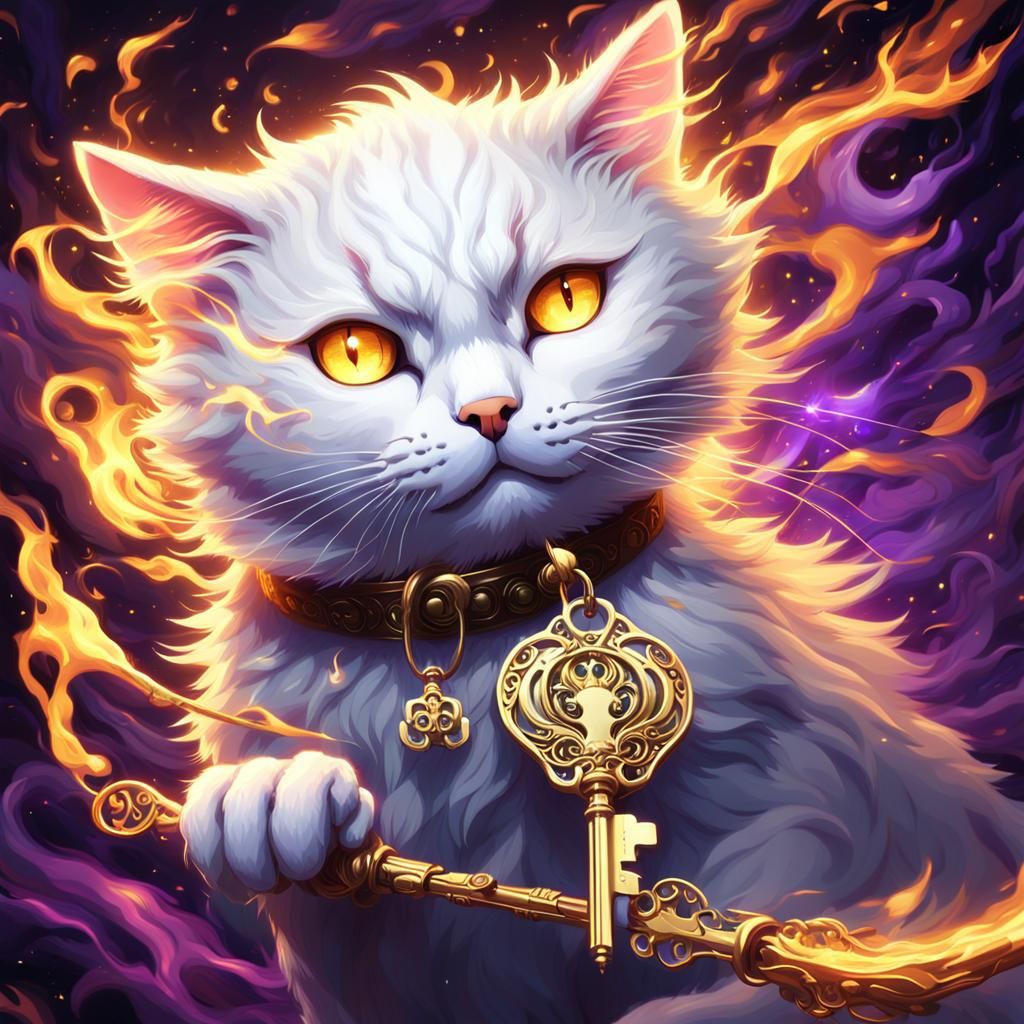 Anime Cat with Wind-Up Key in Surreal Flames