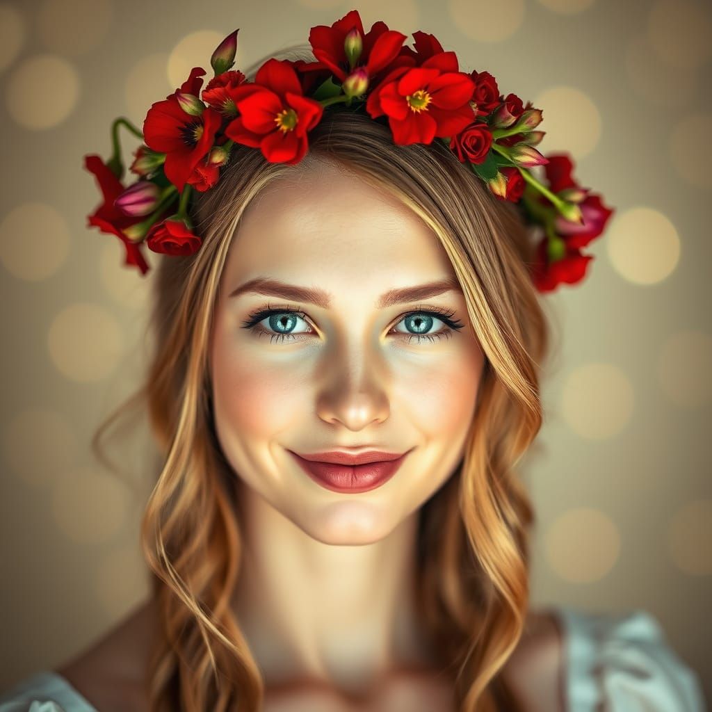 Whimsical Woman with Red Floral Crown in Soft Focus