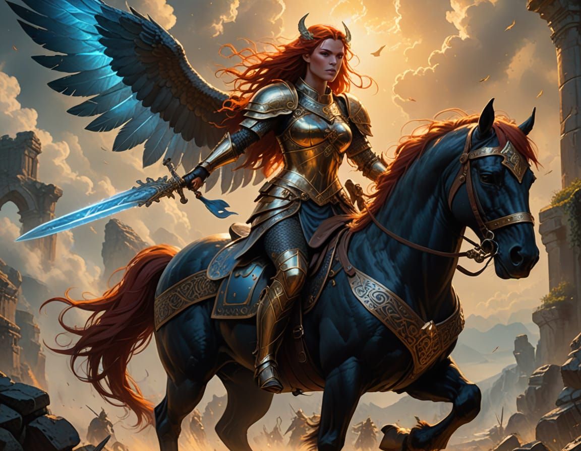 Valkyrie Descending on Winged Horse, Digital Painting