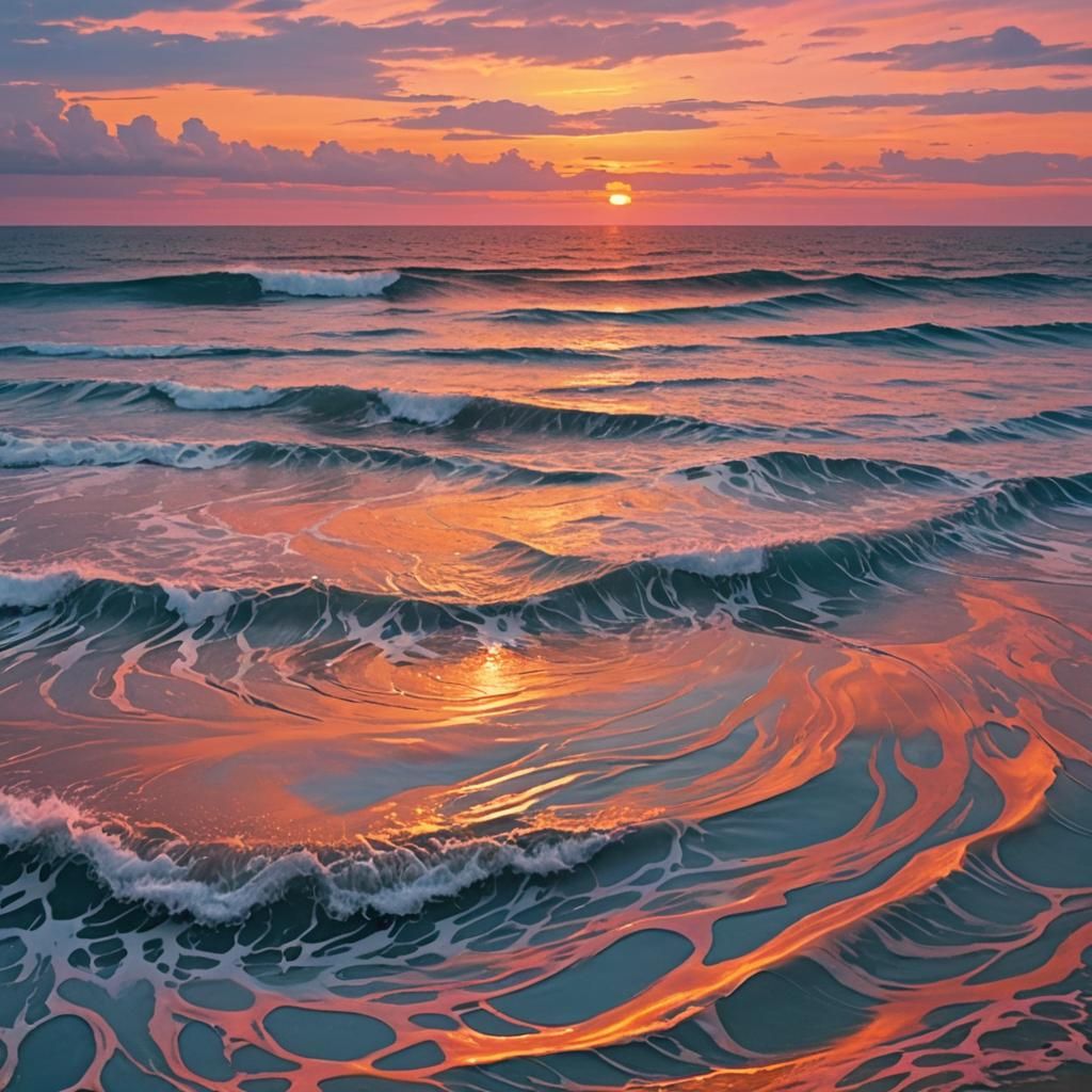 Surreal Sunset Landscape with Blue Land and Swirling Skies