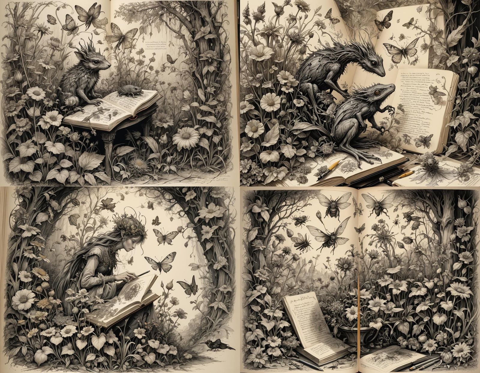 Detailed Creature Drawings in Open Journal, Charcoal Style
