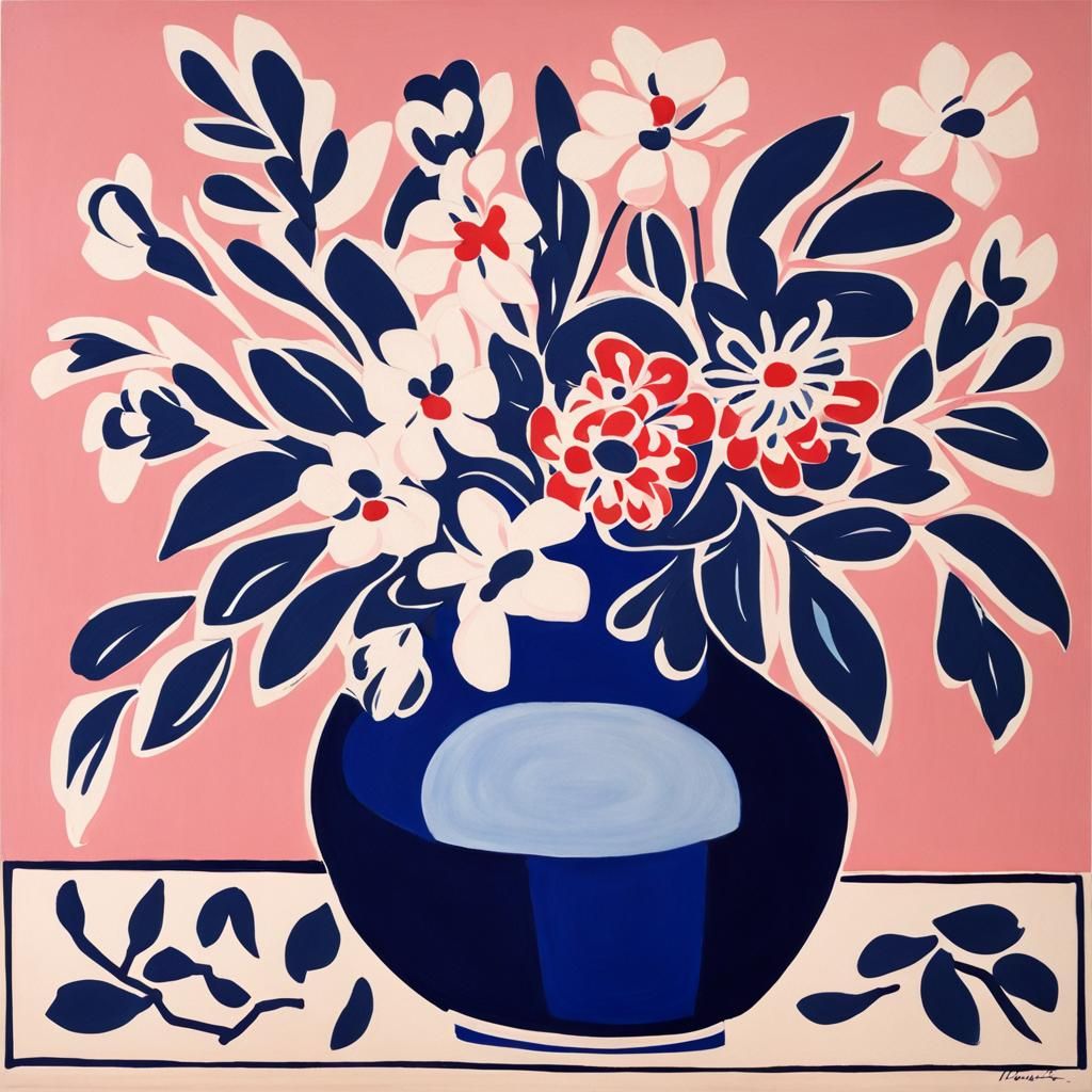 Matisse-Style Vase with Red and White Flowers