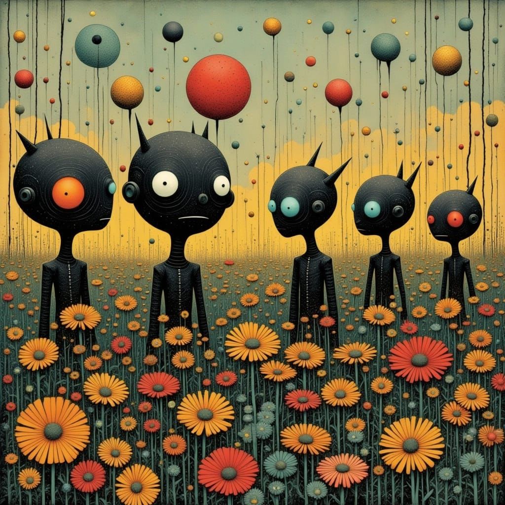 Retrofuture Robot Ritual in Drizzly Abstract Landscape