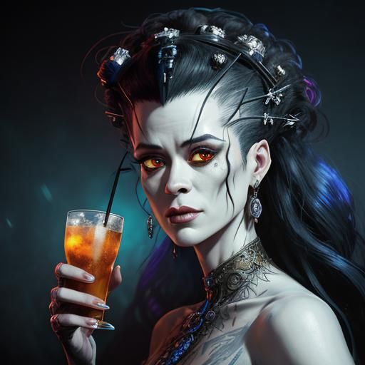 Bride of Frankenstein at a Tiki Bar, Hyperdetailed Portrait