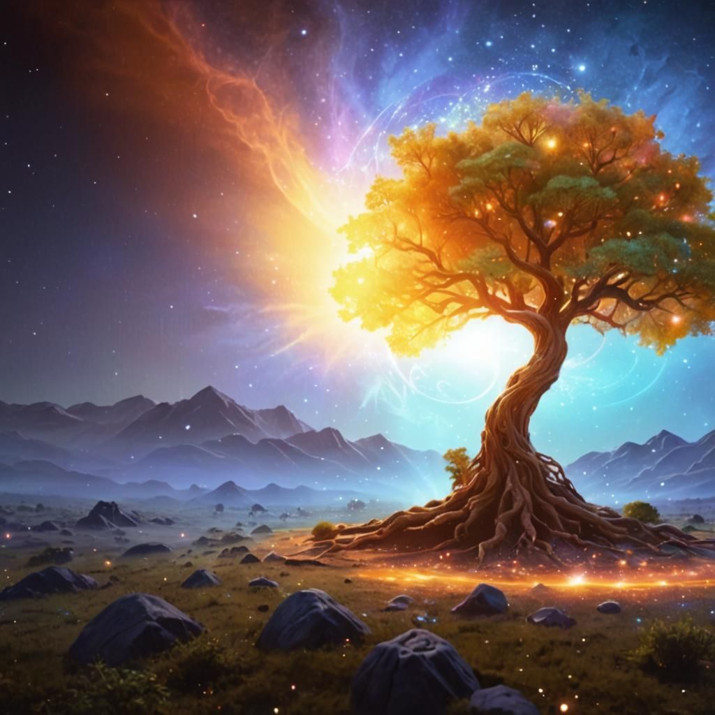 Surreal Cosmic Tree Glows with Intricate Magic