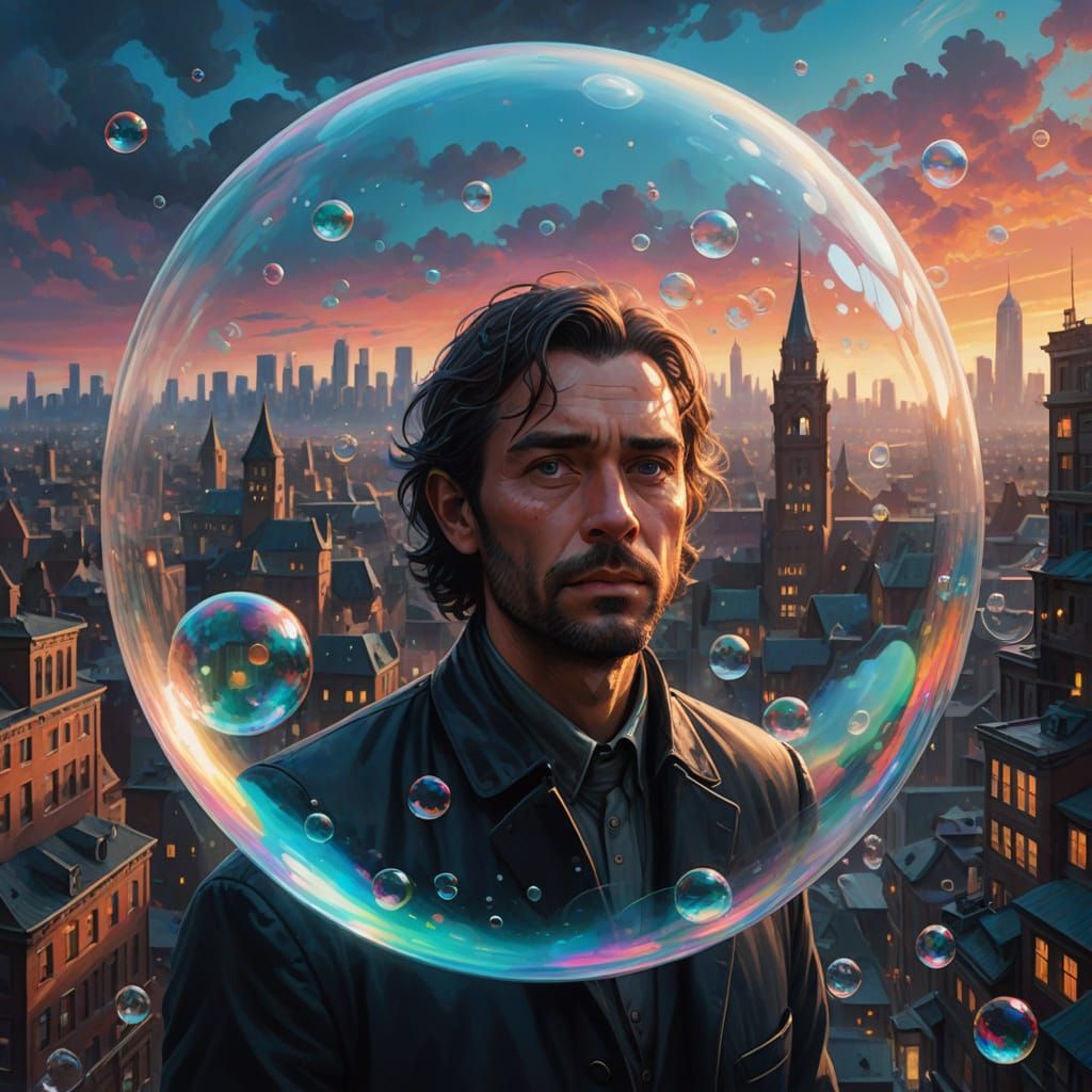 Creature in Floating Bubble City: Surreal Digital Art