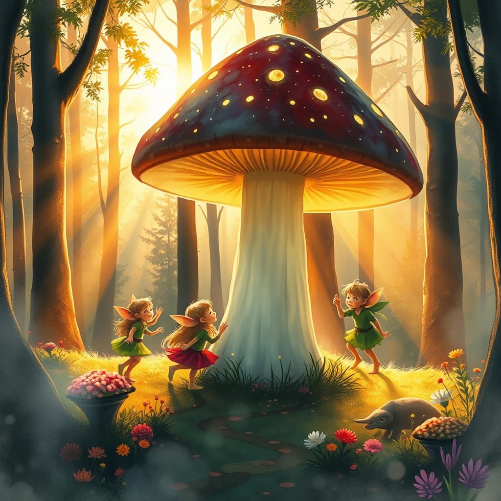 Elves Frolic by Bioluminescent Mushroom in Golden Hour Light