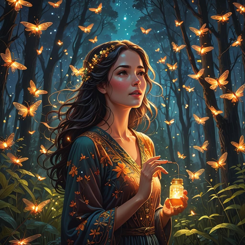 Woman and Fireflies: Digital Art in Warm Colors
