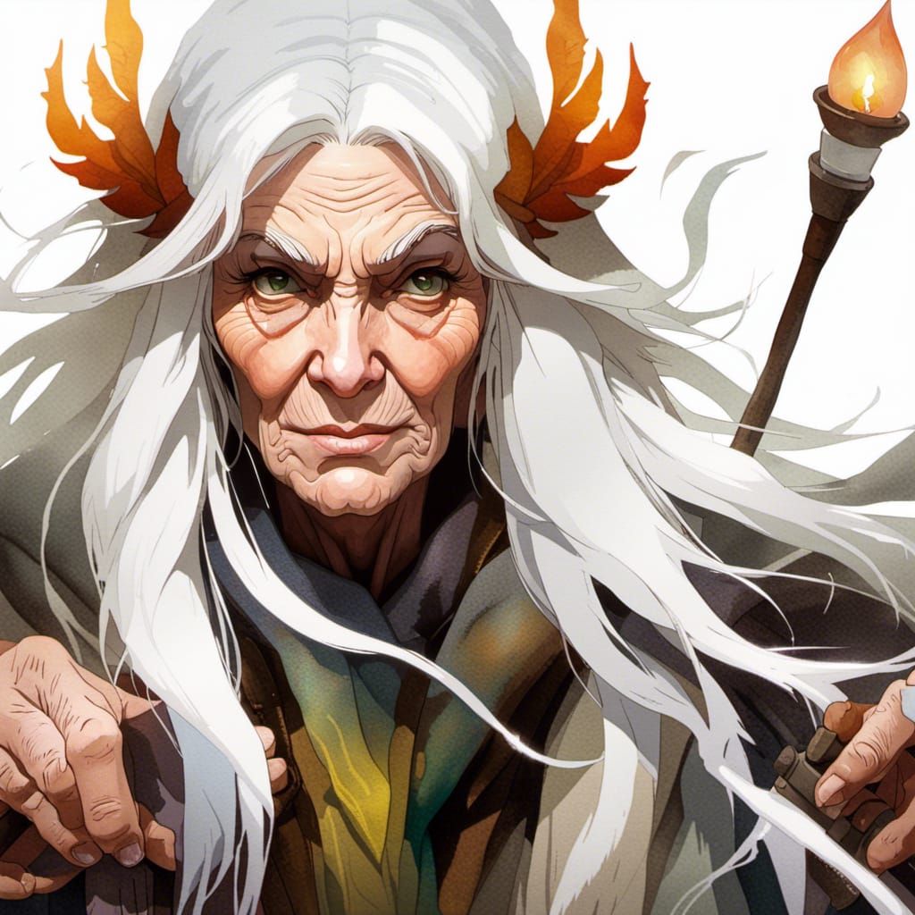 Fierce White-Haired Witch in Watercolor Style