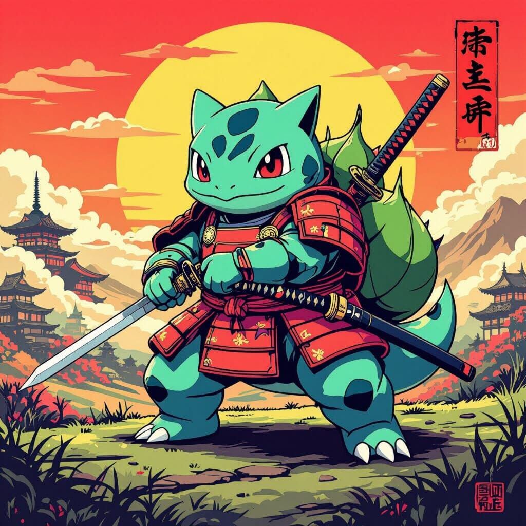 Samurai Bulbasaur with Katana in Feudal Japan