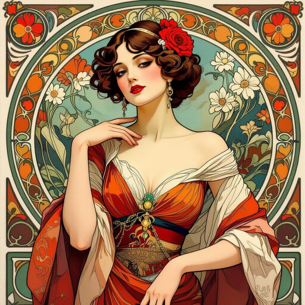 Elegant Woman in High-Fashion Clothes: Art Nouveau Style