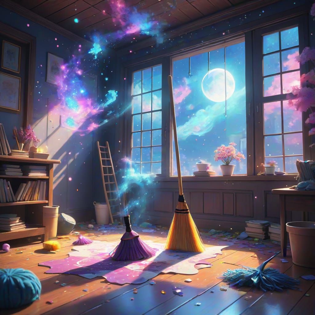Ghostly Nebula Cleaning Room in Kawaii Anime Style