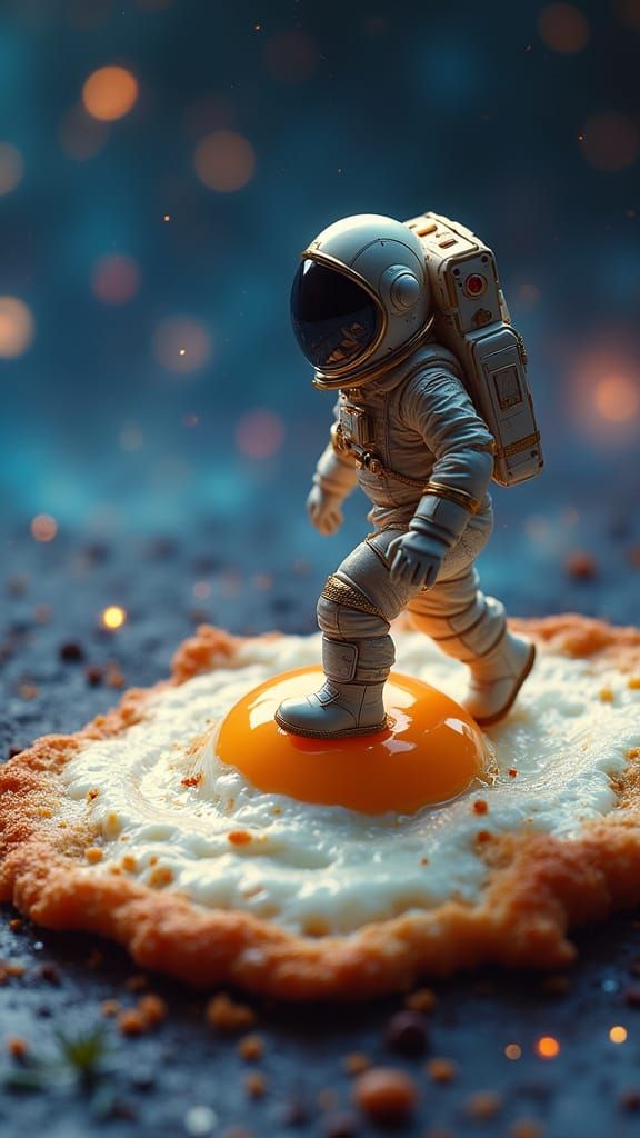 Astronaut Descends onto Cosmic Fried Egg in Starry Space