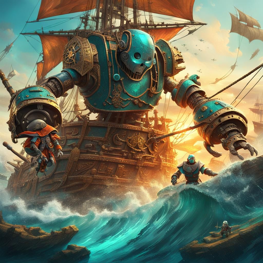 Robot vs Pirate on Ancient Shipwreck: Fantasy Art