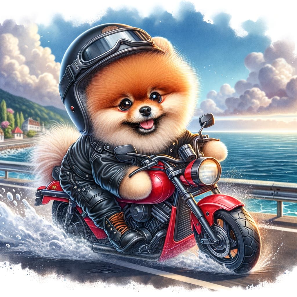 Pomeranian Spitz on Motorcycle: Digital Watercolor Art