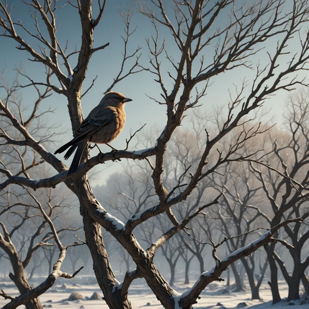 Bird on Winter Branch in Neoclassical Style