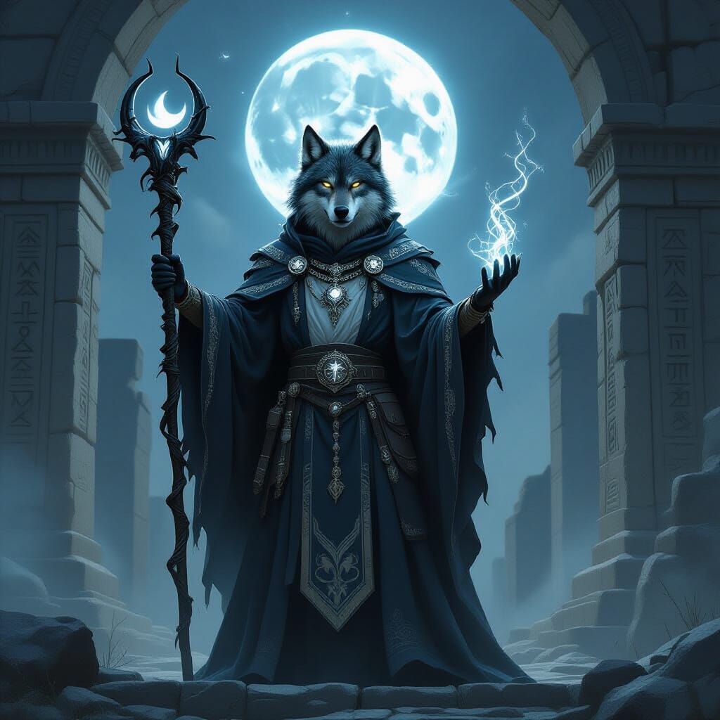 Priest-Wolf Hybrid Before Lunar Altar in Mythic Style
