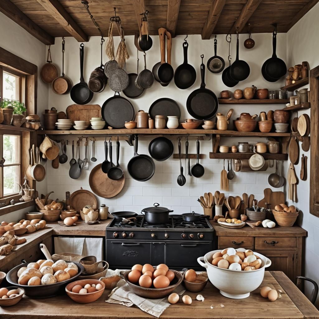 Rustic Kitchen with Baked Goods and Wooden Utensils