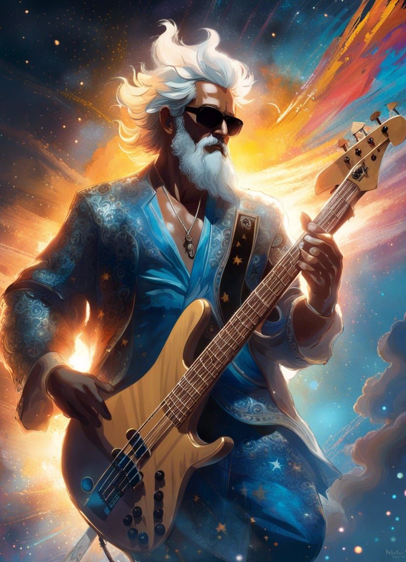 Celestial Zeus Plays Bass Guitar in Digital Art