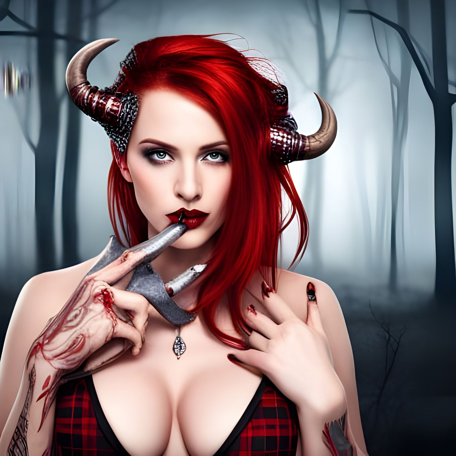 Wolf-Eared Woman with Axe in Hyperrealistic Style