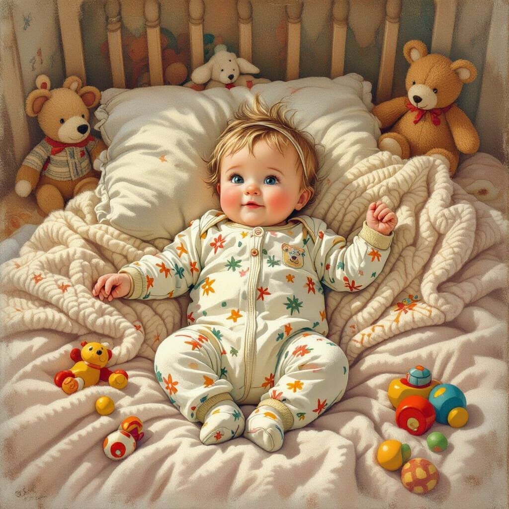 Baby in Nursery, Whimsical Illustration