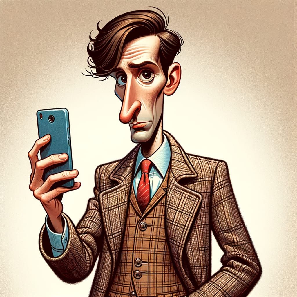 Comedian Checks Smartphone in Tweed Jacket and Red Tie