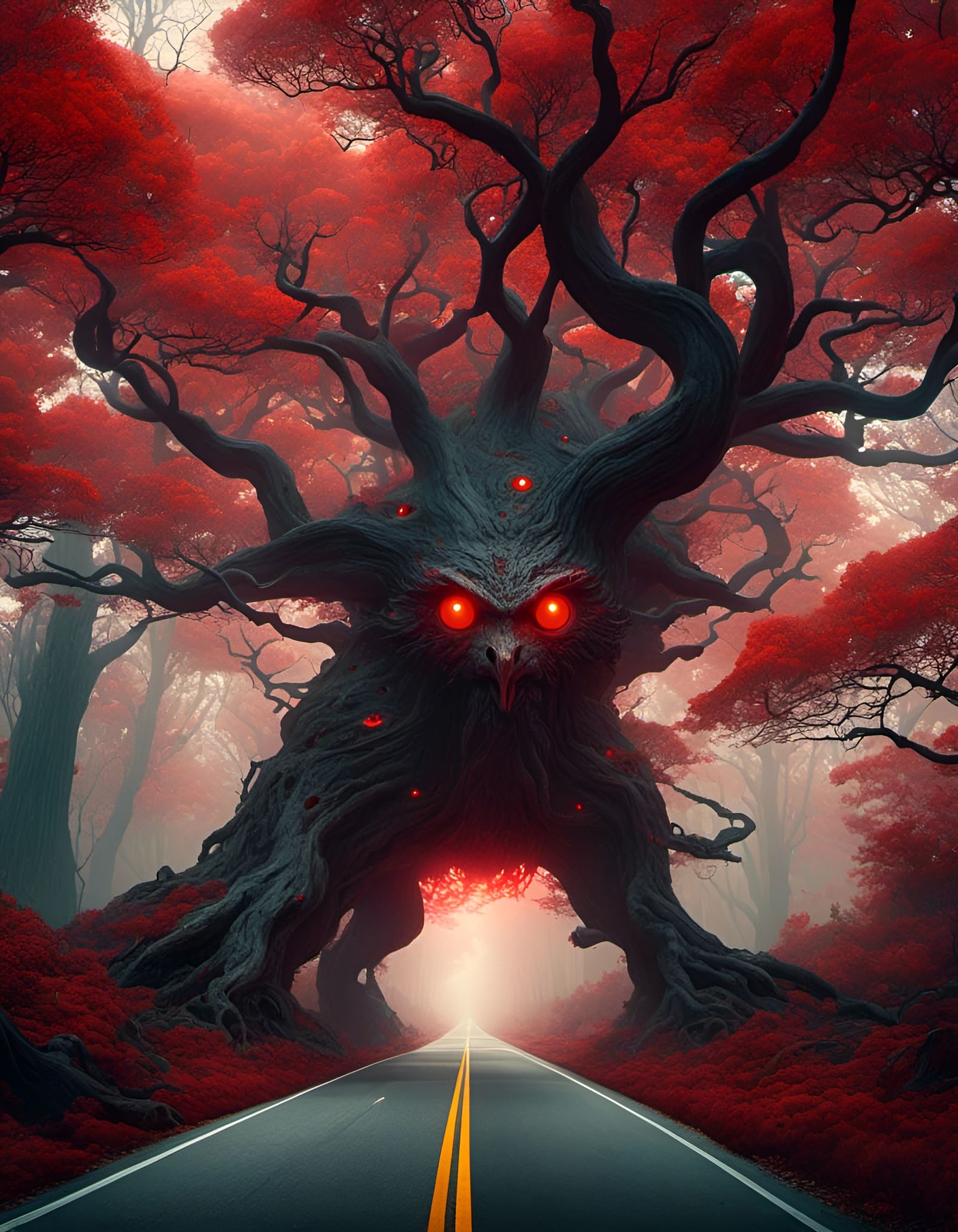 Tree Beast on Road in Romanticism Style