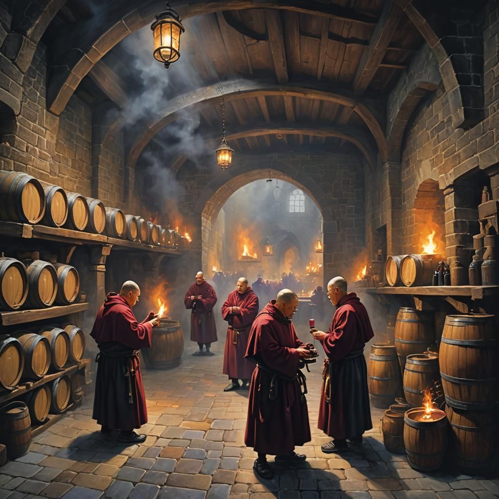 Monks Tasting Wine in Ethereal Monastery Cellar