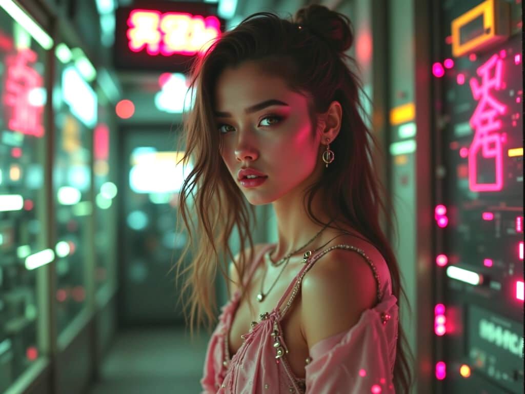 Cyberpunk Woman in Neon Room with Digital Artifacts