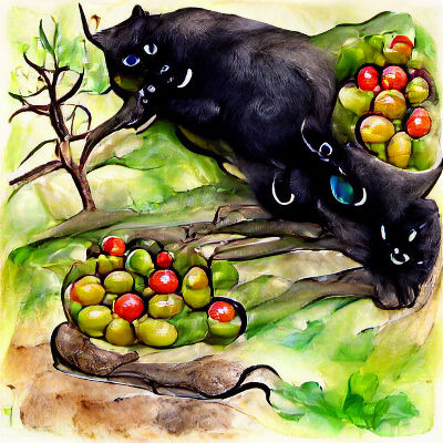 Black Cat Under Olive Tree: Watercolor Concept Art