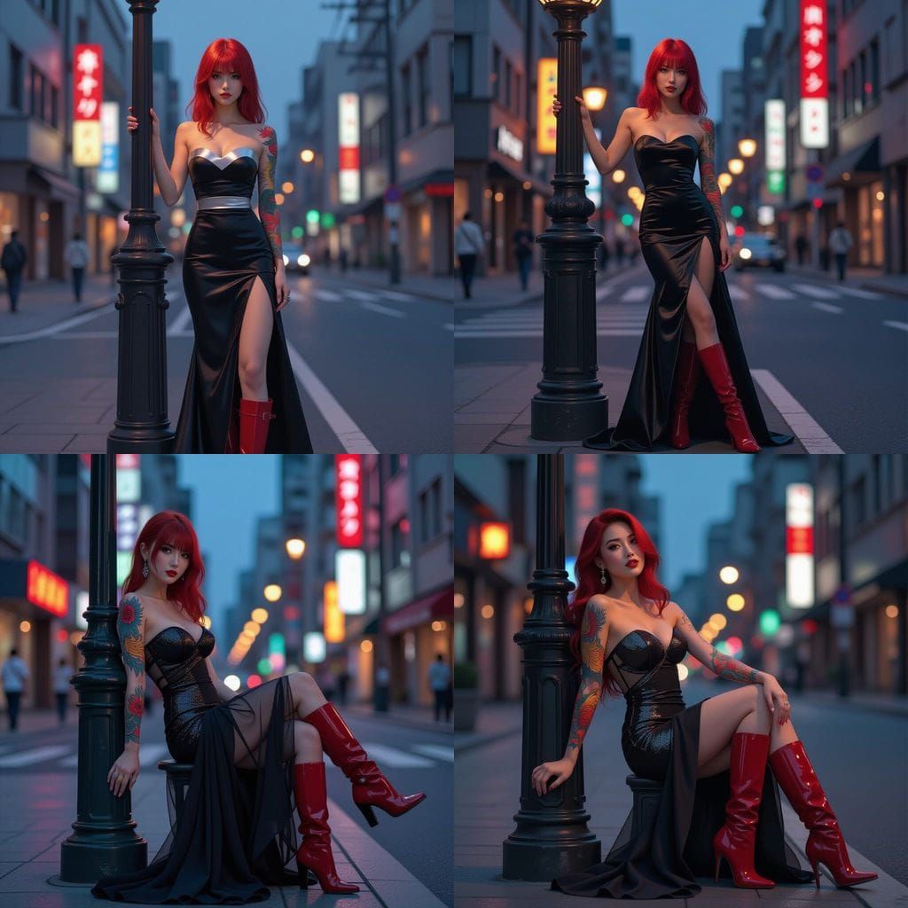 Red-Haired Woman in City Street at Dusk