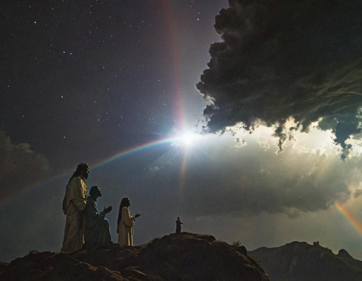 Djinn and Jesus Under Rainbow in Surrealist Style