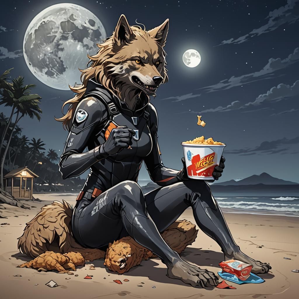 Anime Werewolf Surfer on Beach at Night