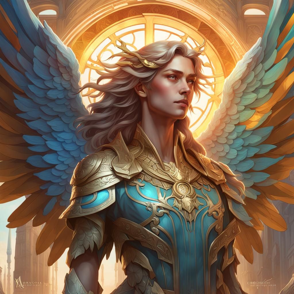 Archangel Uriel head and shoulders portrait, 8k resolution concept art portrait by Greg Rutkowski, Artgerm, WLOP, Alphon...