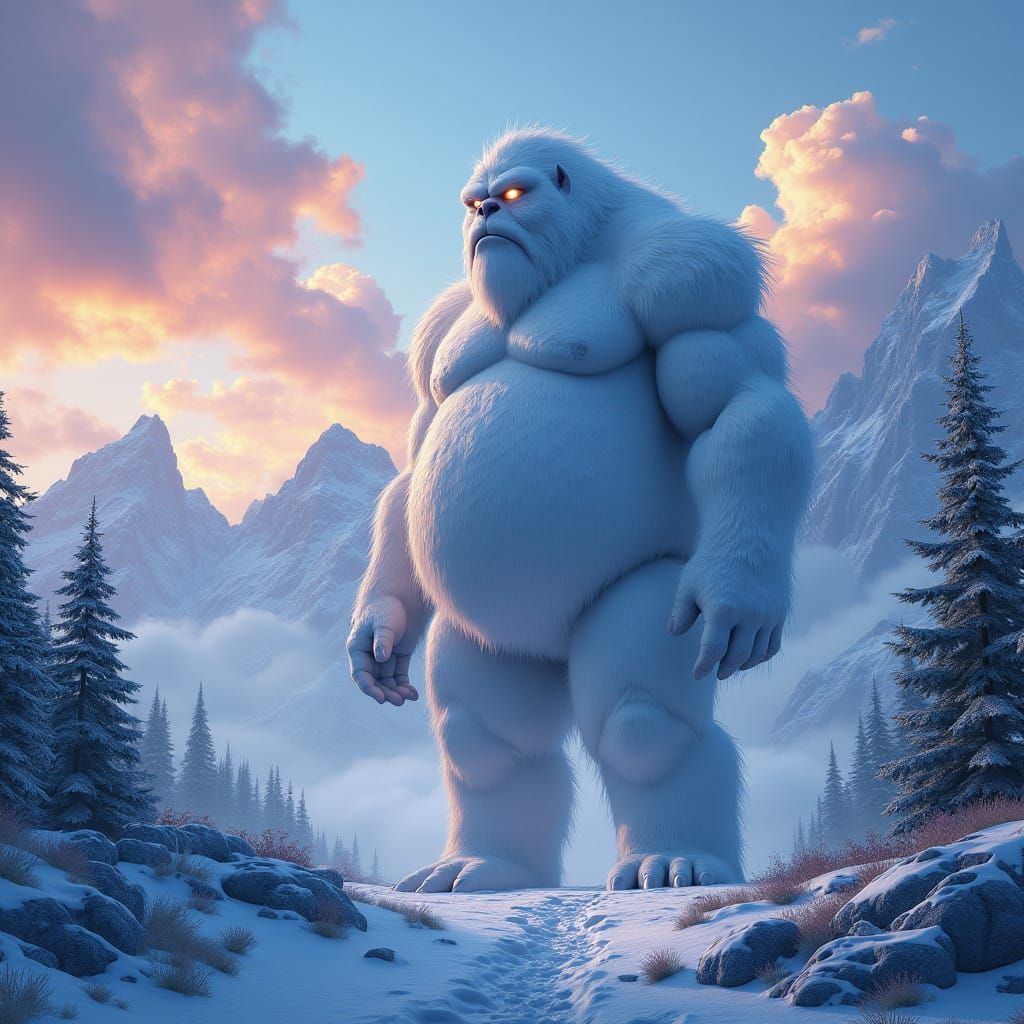 Majestic Abdominal Snowman in Dreamy Mountain Landscape