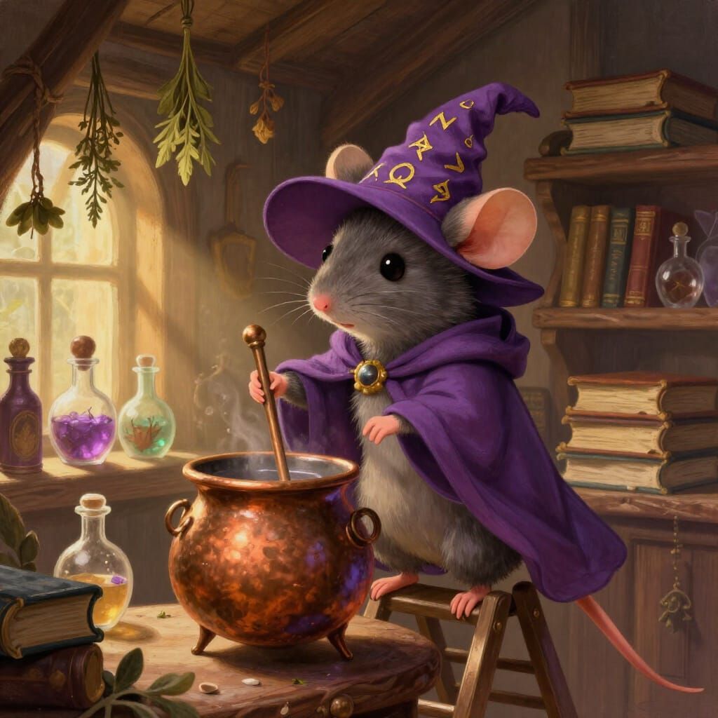 Cute Mouse Wizard Stirring Potion in Cozy Workshop