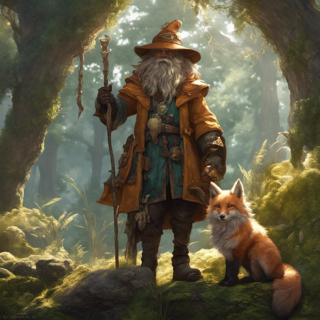 Bracken Druid and Magical Fox Companion in Digital Art