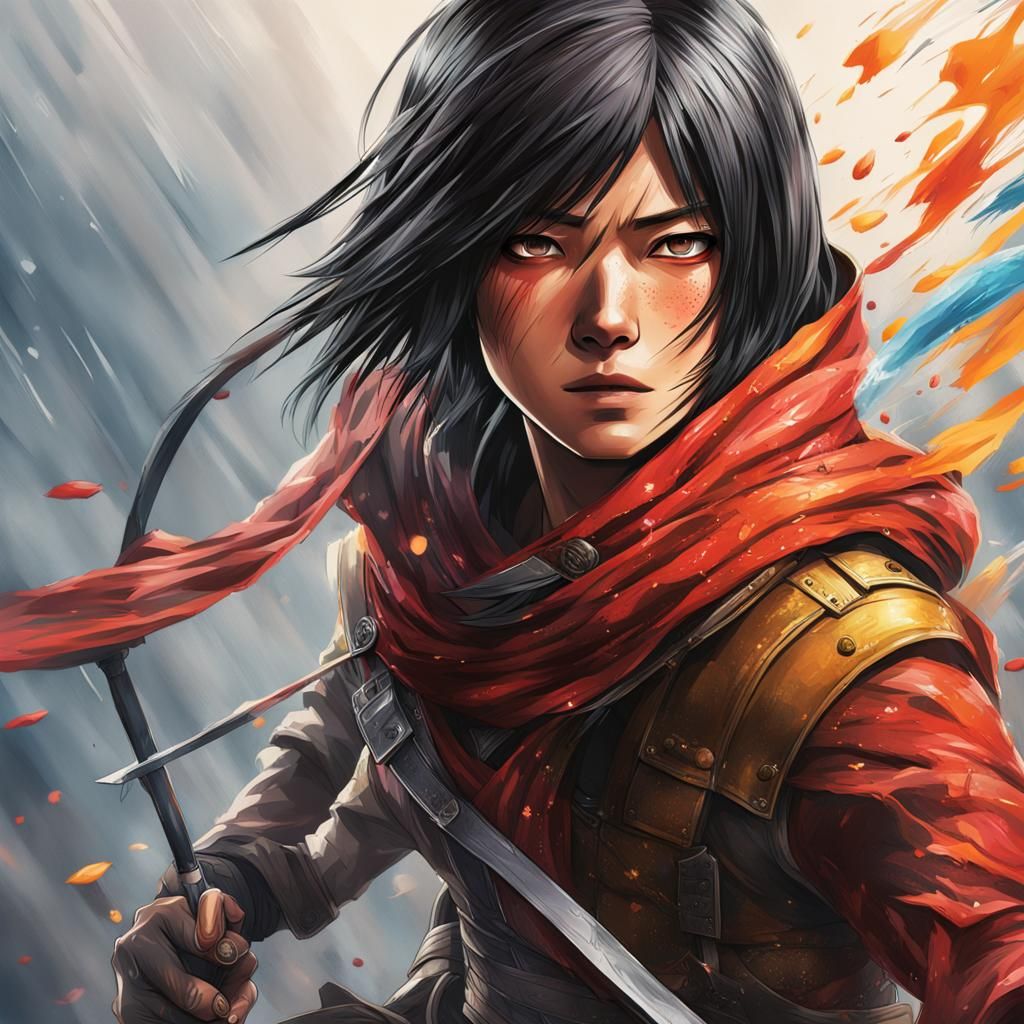 Detailed Hyperrealistic Mikasa Portrait with Dramatic Lighti...