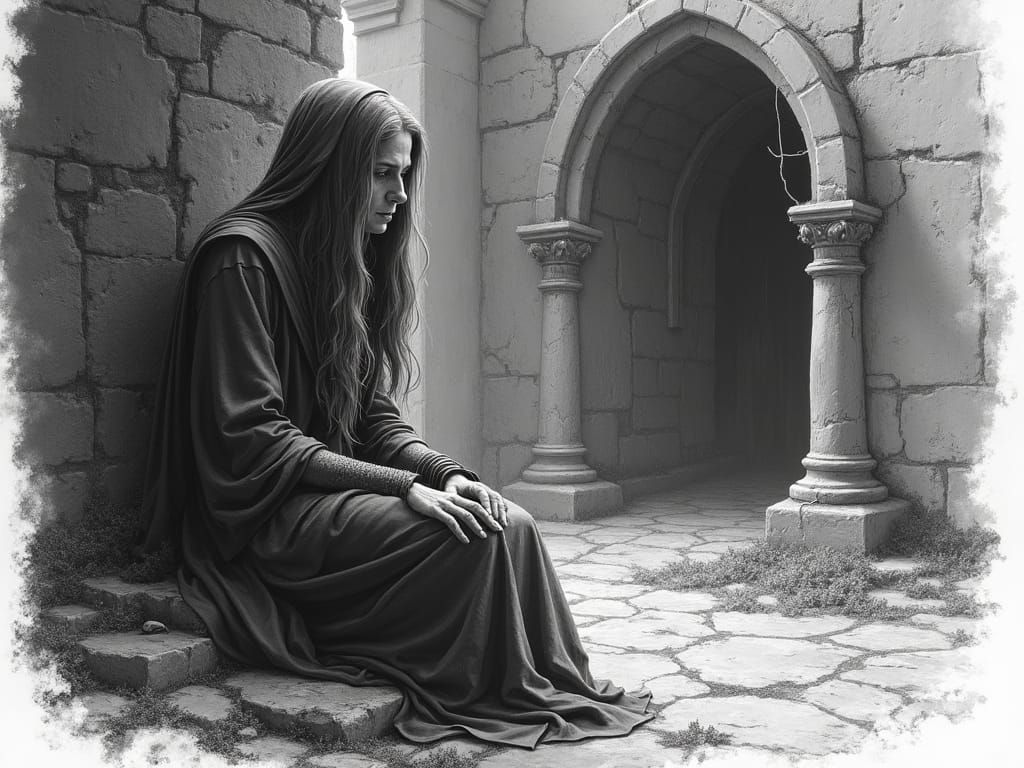 Sorrowful Elven Priestess in Ruined Church