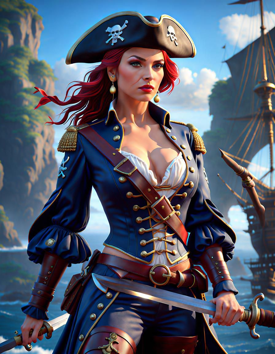 Female Pirate Captain with Sword, Cinematic Lighting