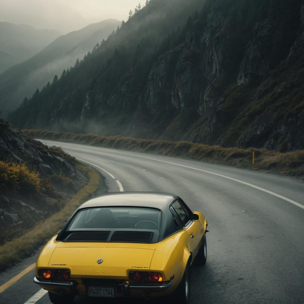 Yellow Sports Car on Misty Mountain Road